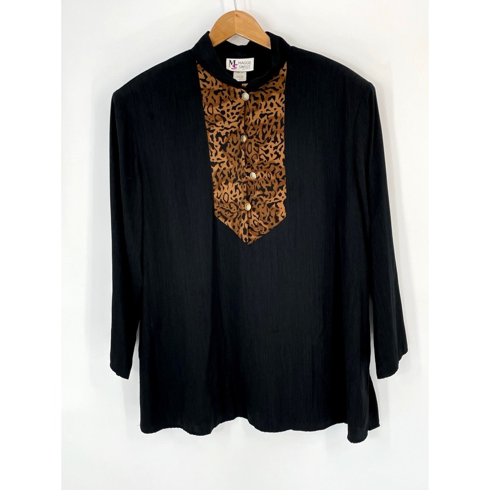 Vintage Maggie Sweet Womens 1X Tunic Top Black with Animal Print Union Made USA